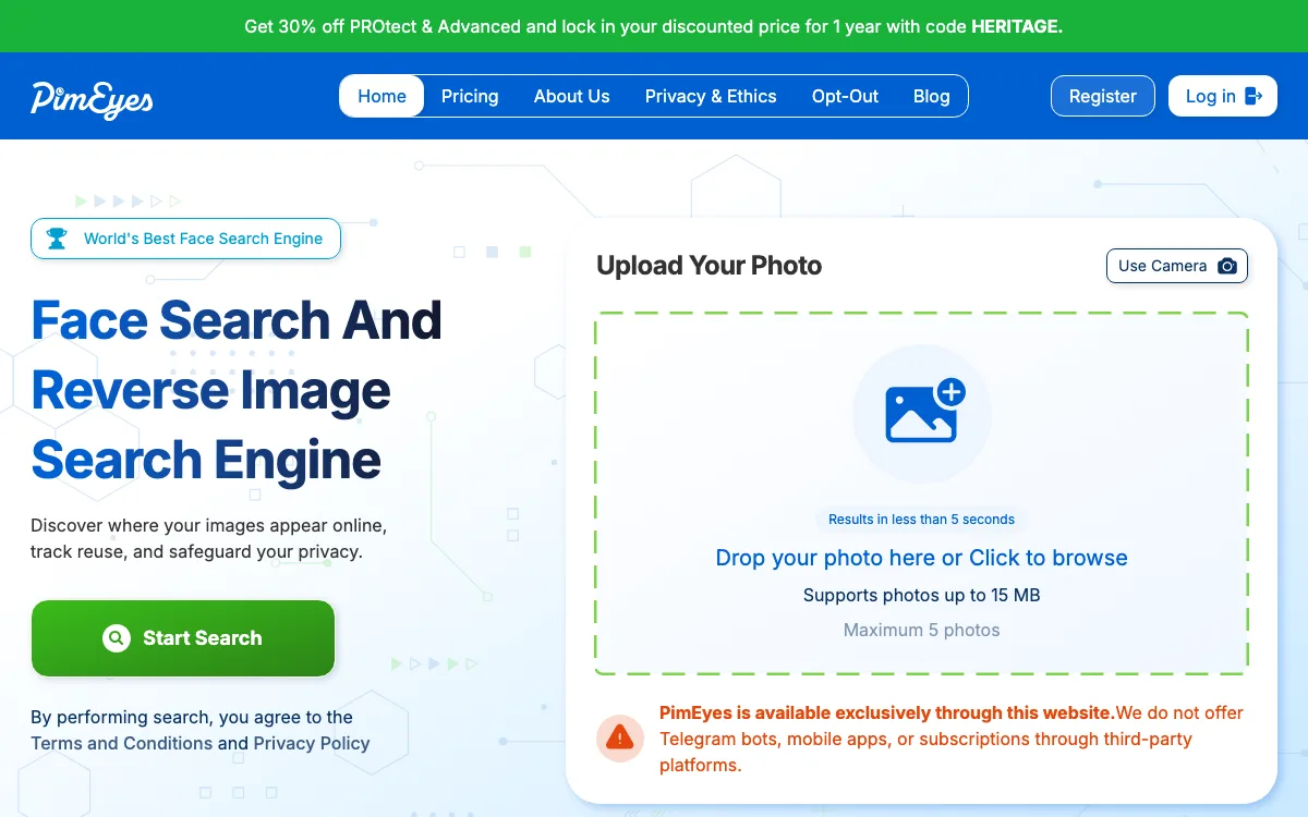 PimEyes: Protect your Online Identity with AI homepage screenshot