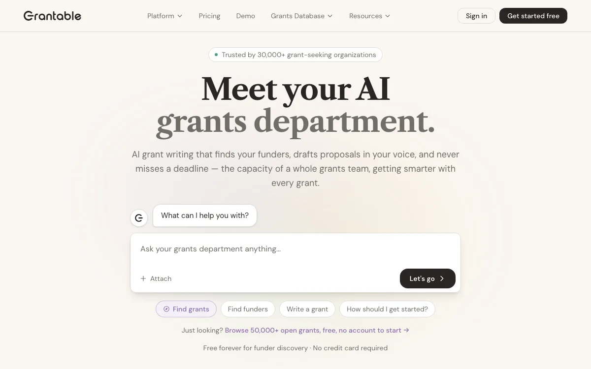 Grantable homepage screenshot