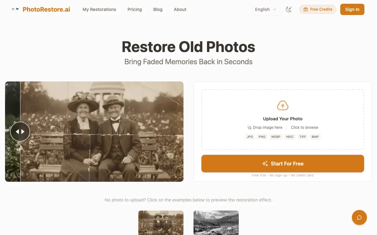 PhotoRestore.ai: Fix Water Stains & Scratches homepage screenshot
