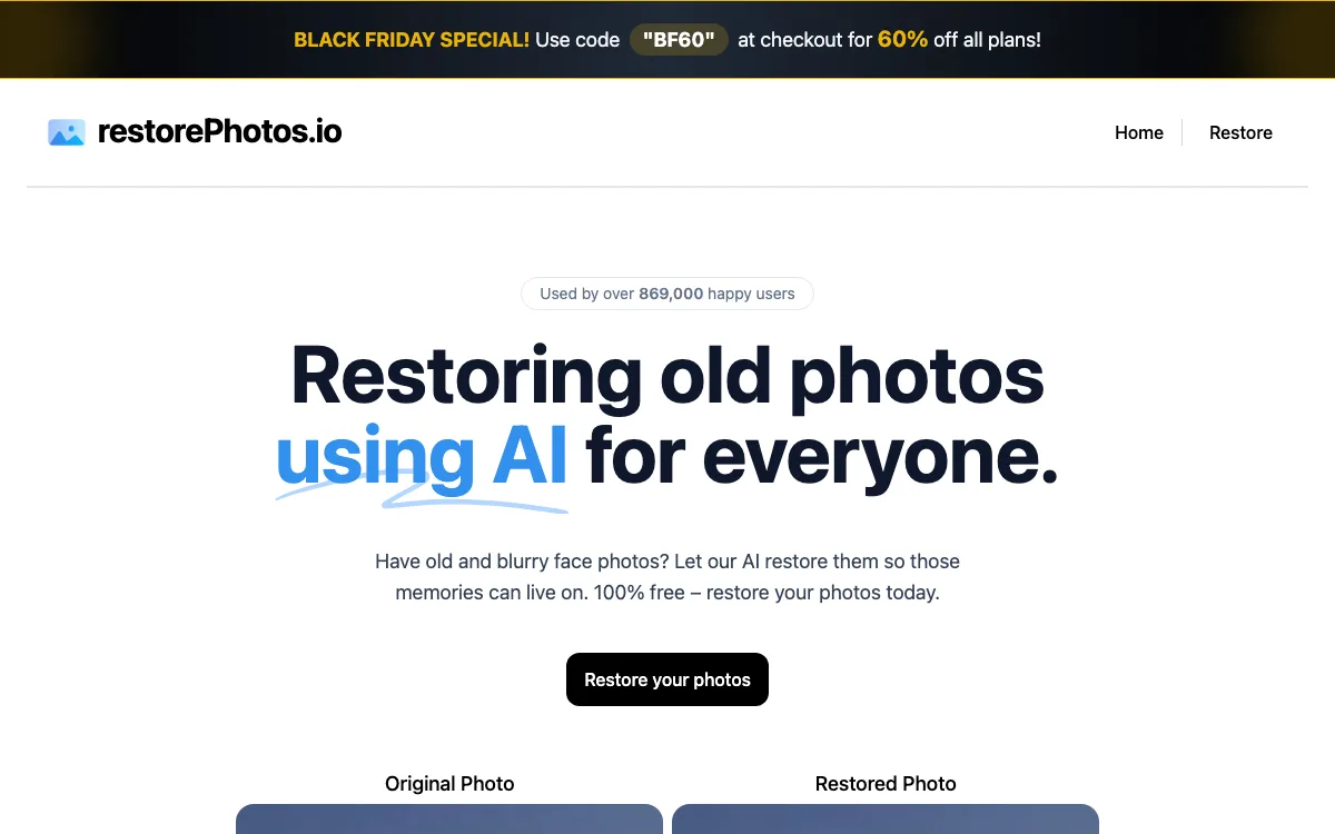 RestorePhotos homepage screenshot