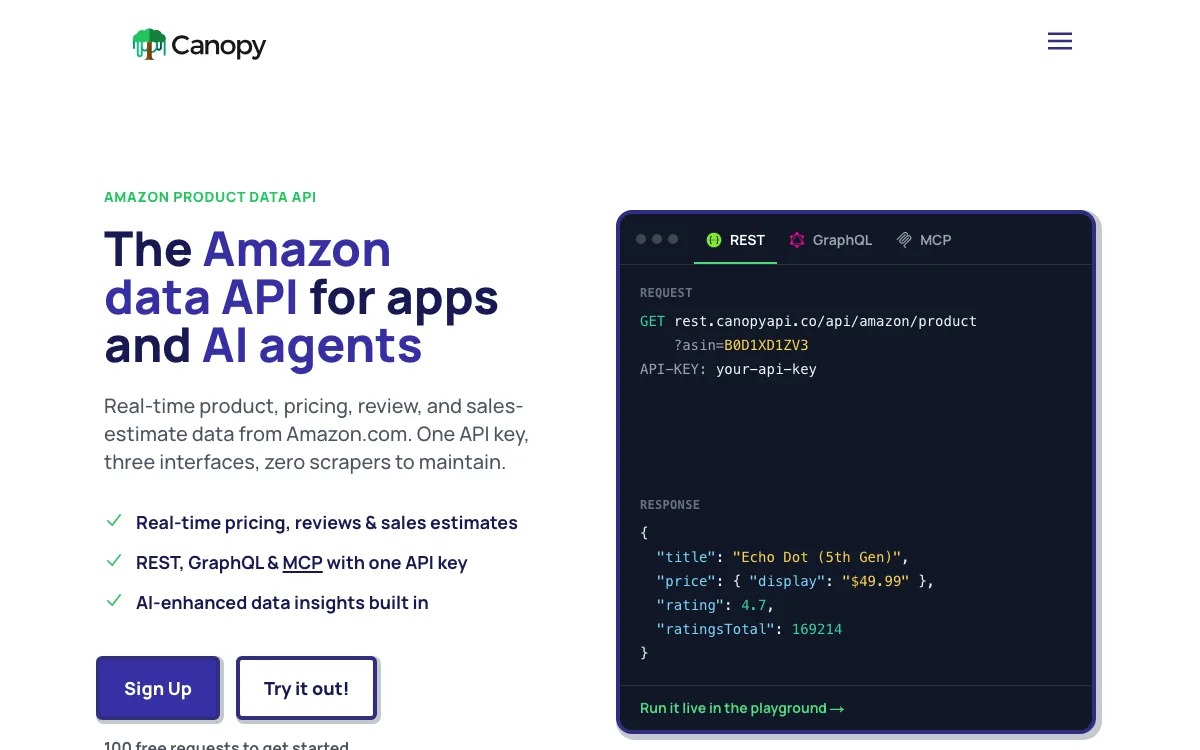 Canopy API homepage screenshot