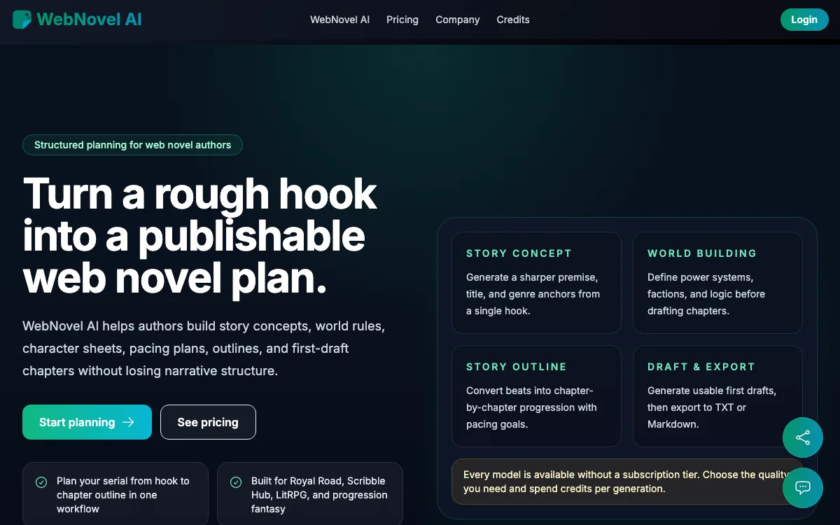 WebNovel AI homepage screenshot