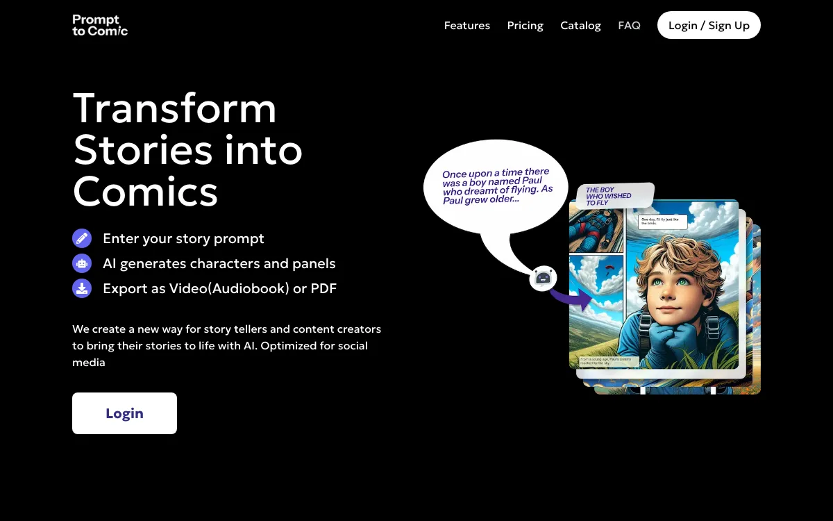 PromptToComicAI homepage screenshot