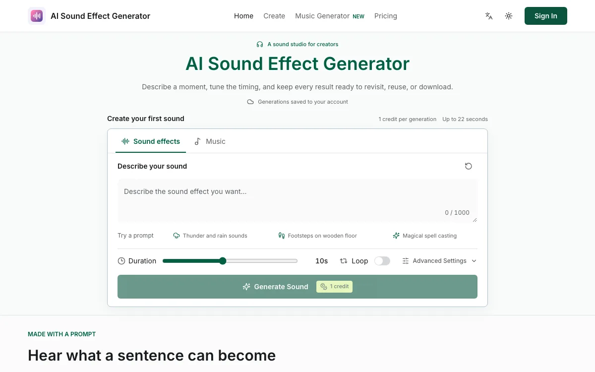 AI Sound Effect Generator homepage screenshot