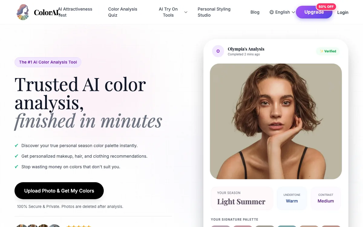 AI Color Analysis homepage screenshot