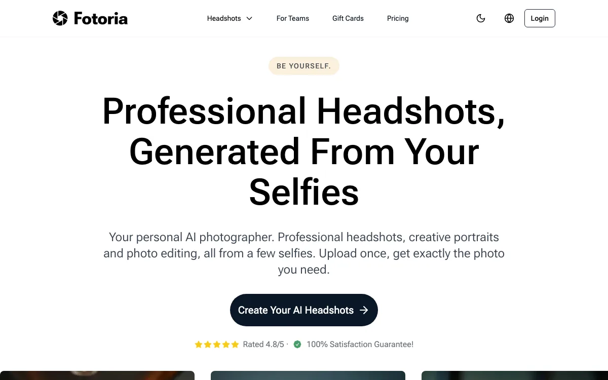 Fotoria AI Headshots homepage screenshot