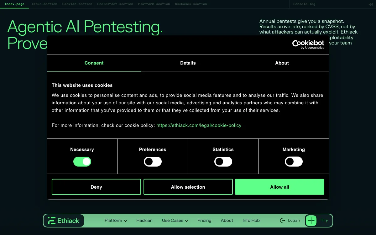 Ethiack homepage screenshot