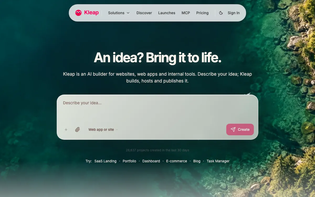Kleap homepage screenshot
