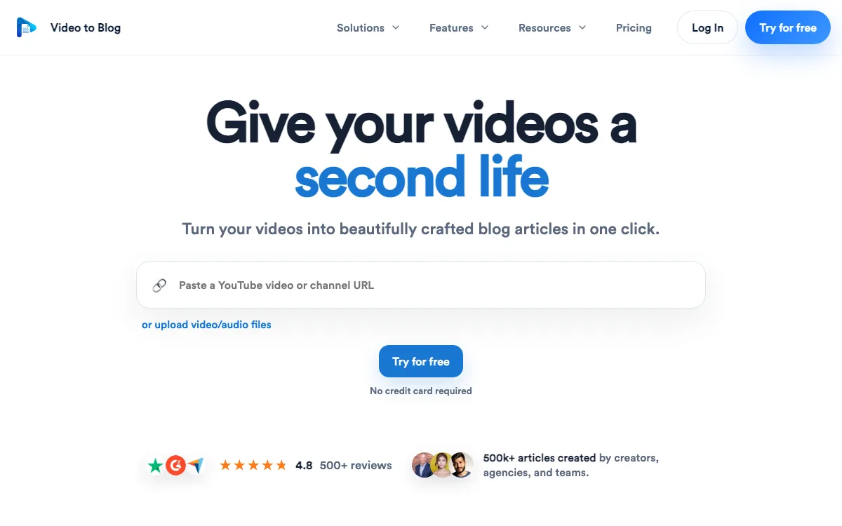 Video To Blog homepage screenshot
