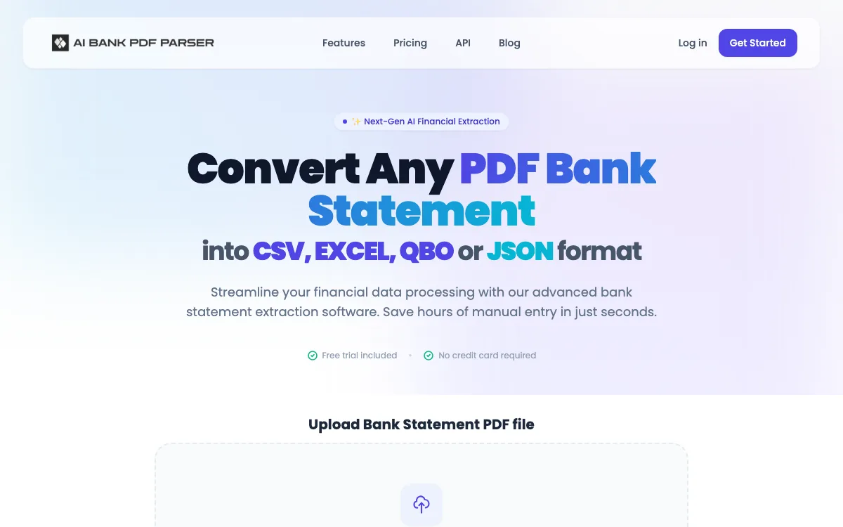 AI PDF bank statement parser homepage screenshot