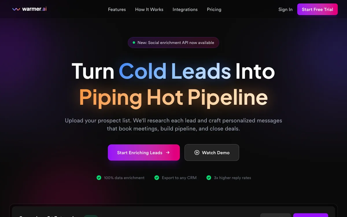 Warmer homepage screenshot