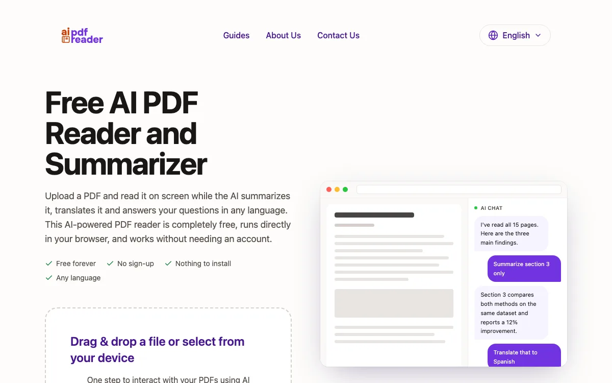 AI PDF Reader homepage screenshot