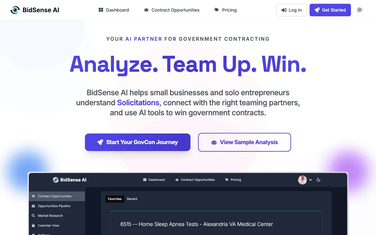 BidSense AI homepage screenshot