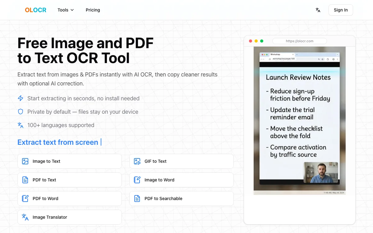 OLOCR homepage screenshot