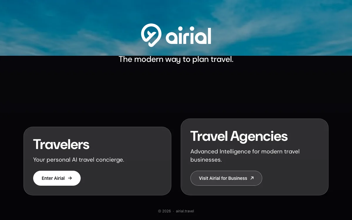 Airial Travel homepage screenshot
