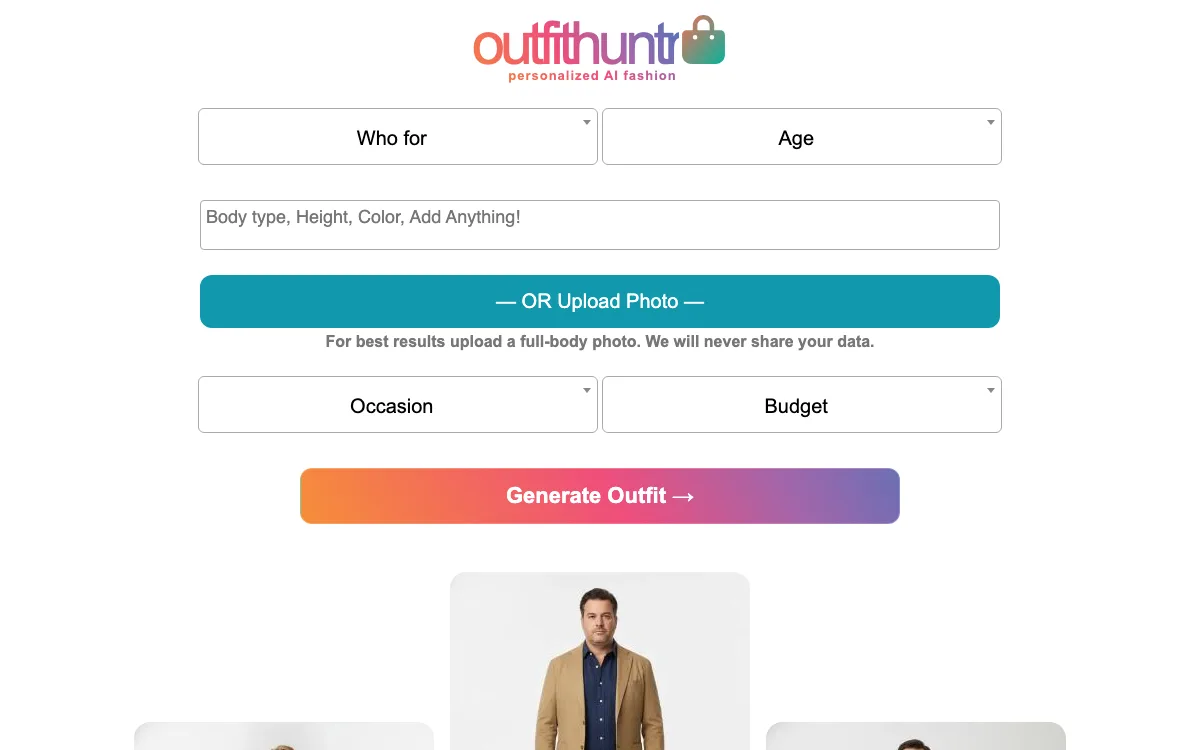 OutfitHuntr.com: AI Style & Shop homepage screenshot