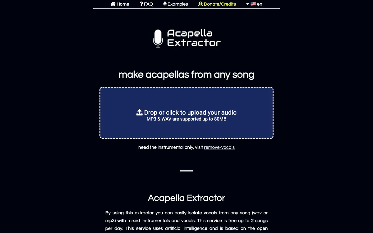 Acapella Extractor homepage screenshot