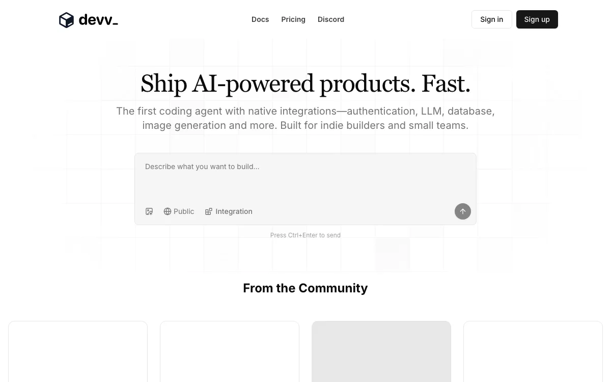 Devv AI homepage screenshot