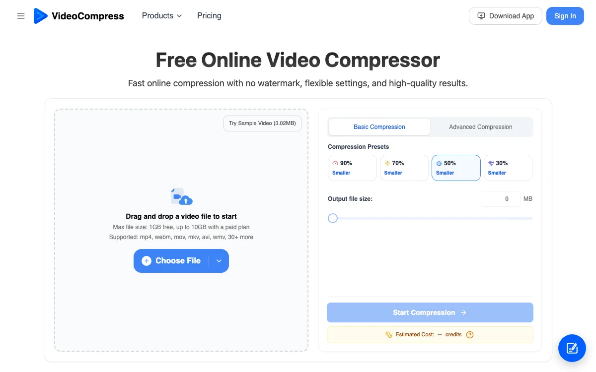 Video Compress AI homepage screenshot