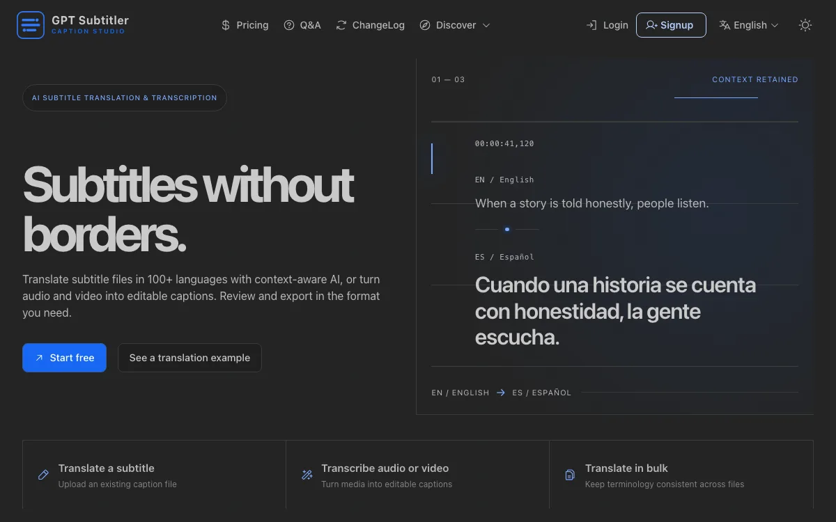 GPT Subtitler homepage screenshot