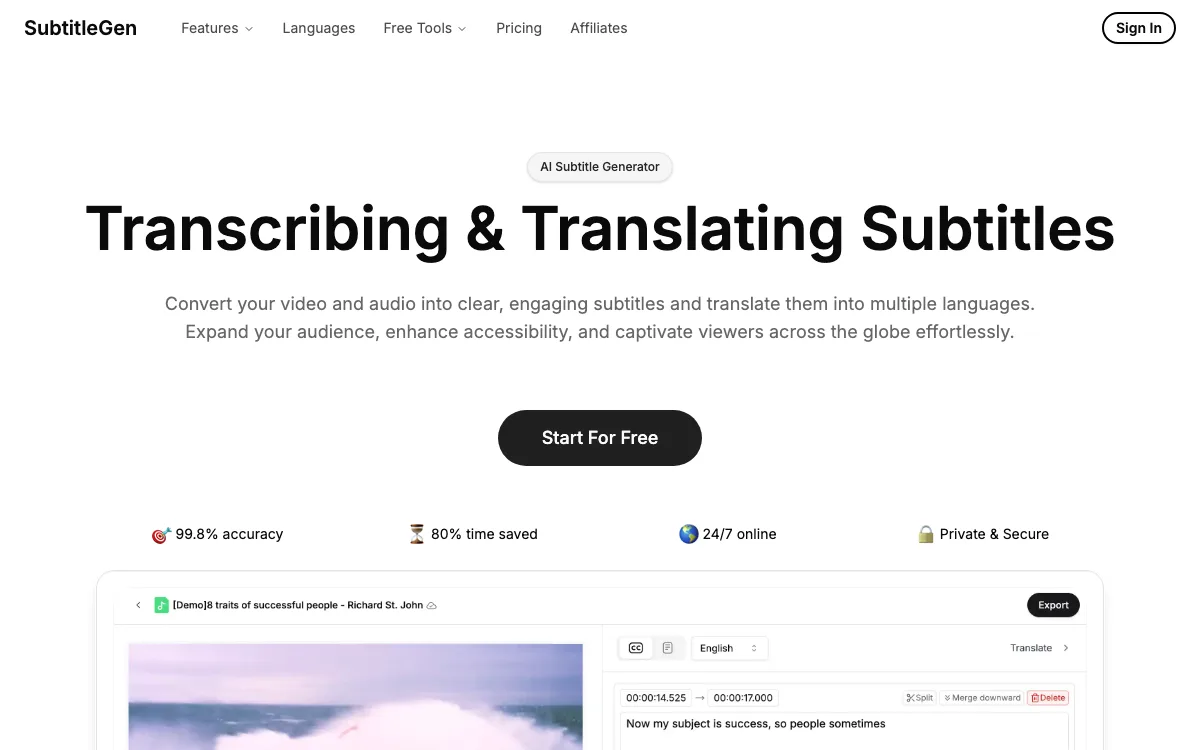 SubtitleGen homepage screenshot