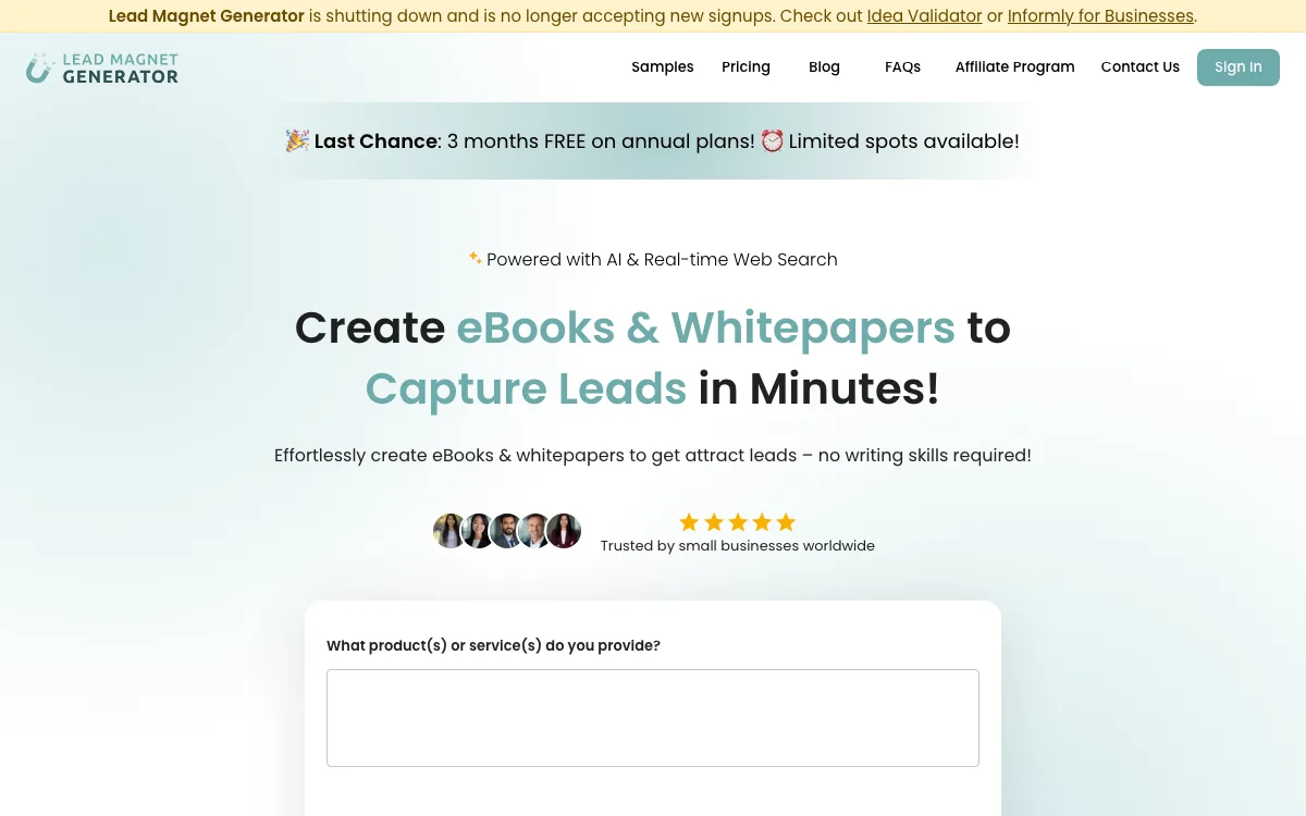 Lead Magnet Generator homepage screenshot