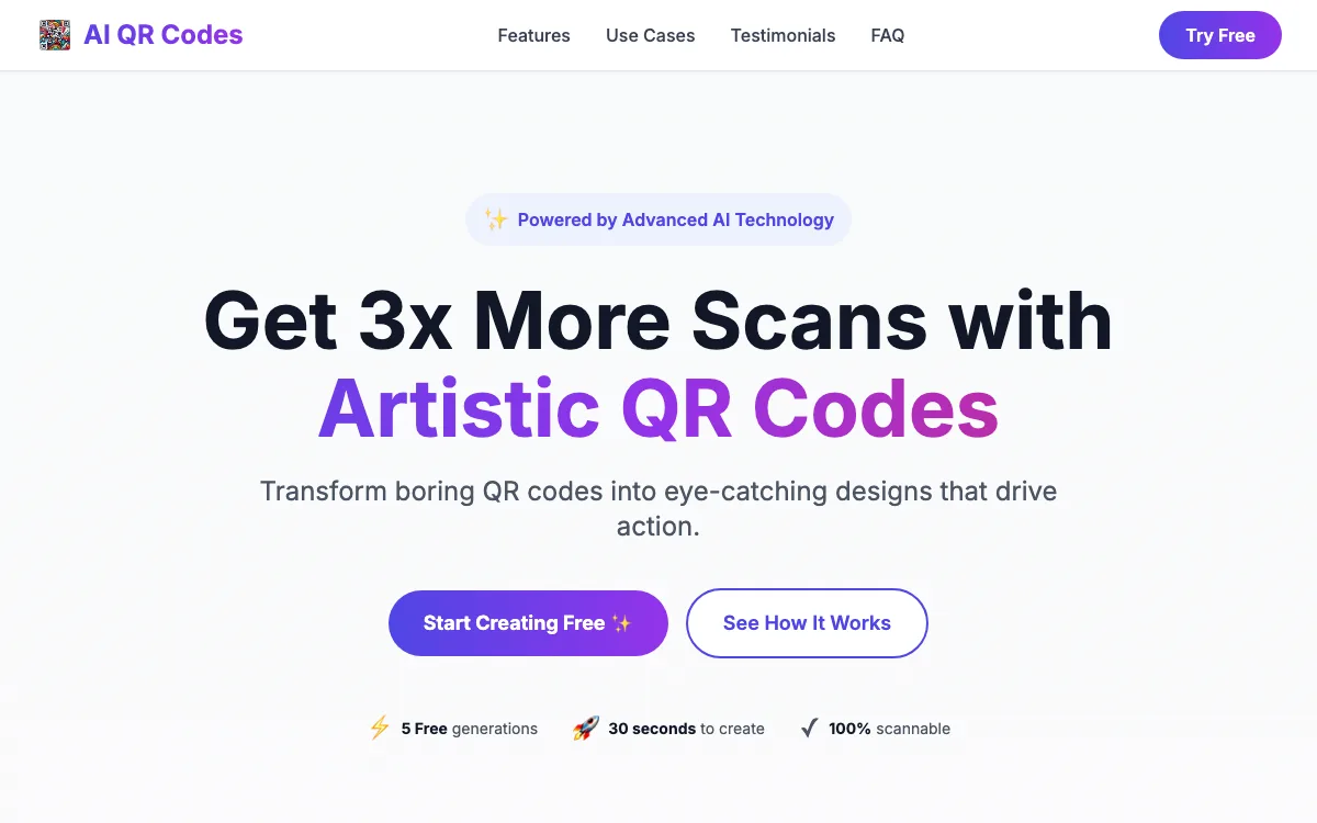 AI QR Codes homepage screenshot