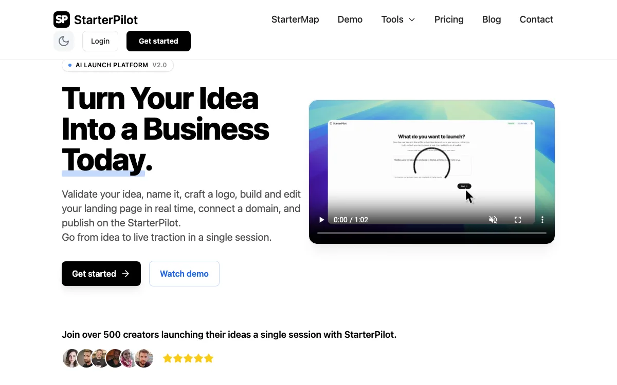 StarterPilotv2.0.0 homepage screenshot