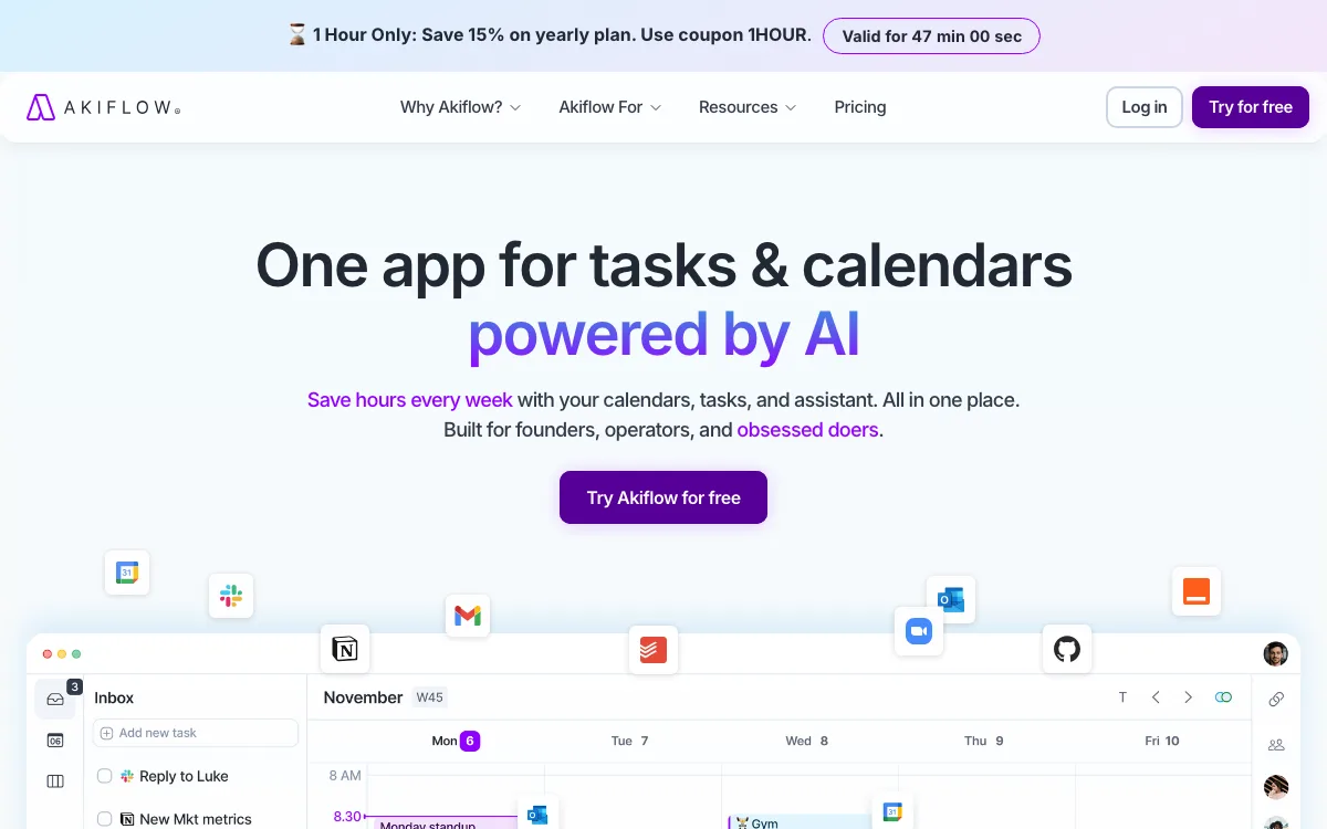 Akiflow homepage screenshot