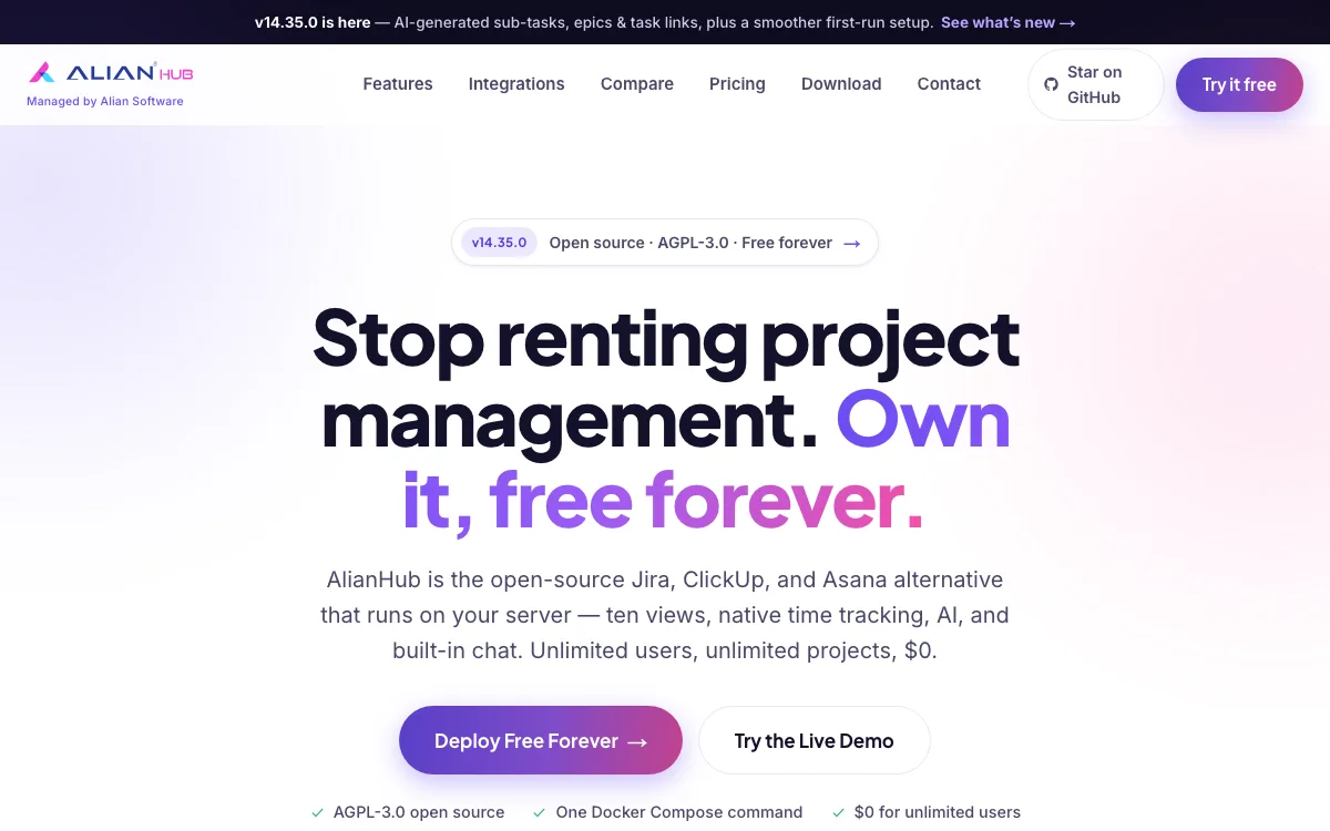 Alian hub - Project Management System homepage screenshot