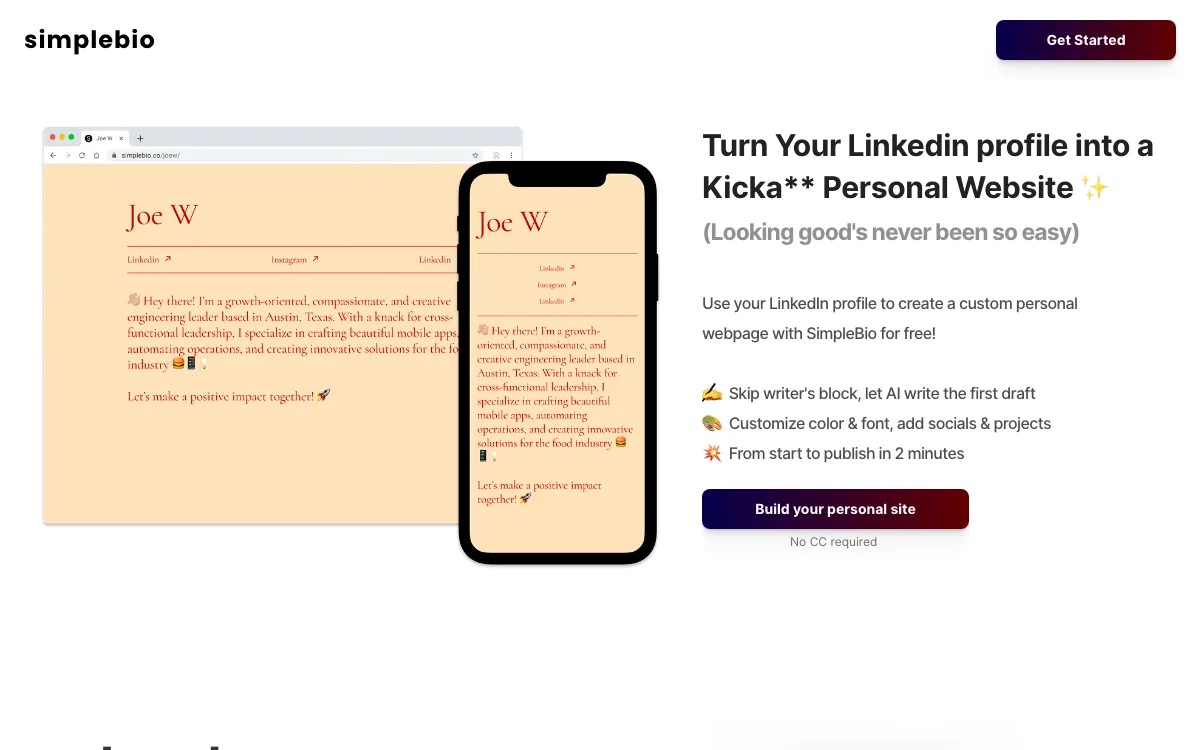 Simplebio homepage screenshot