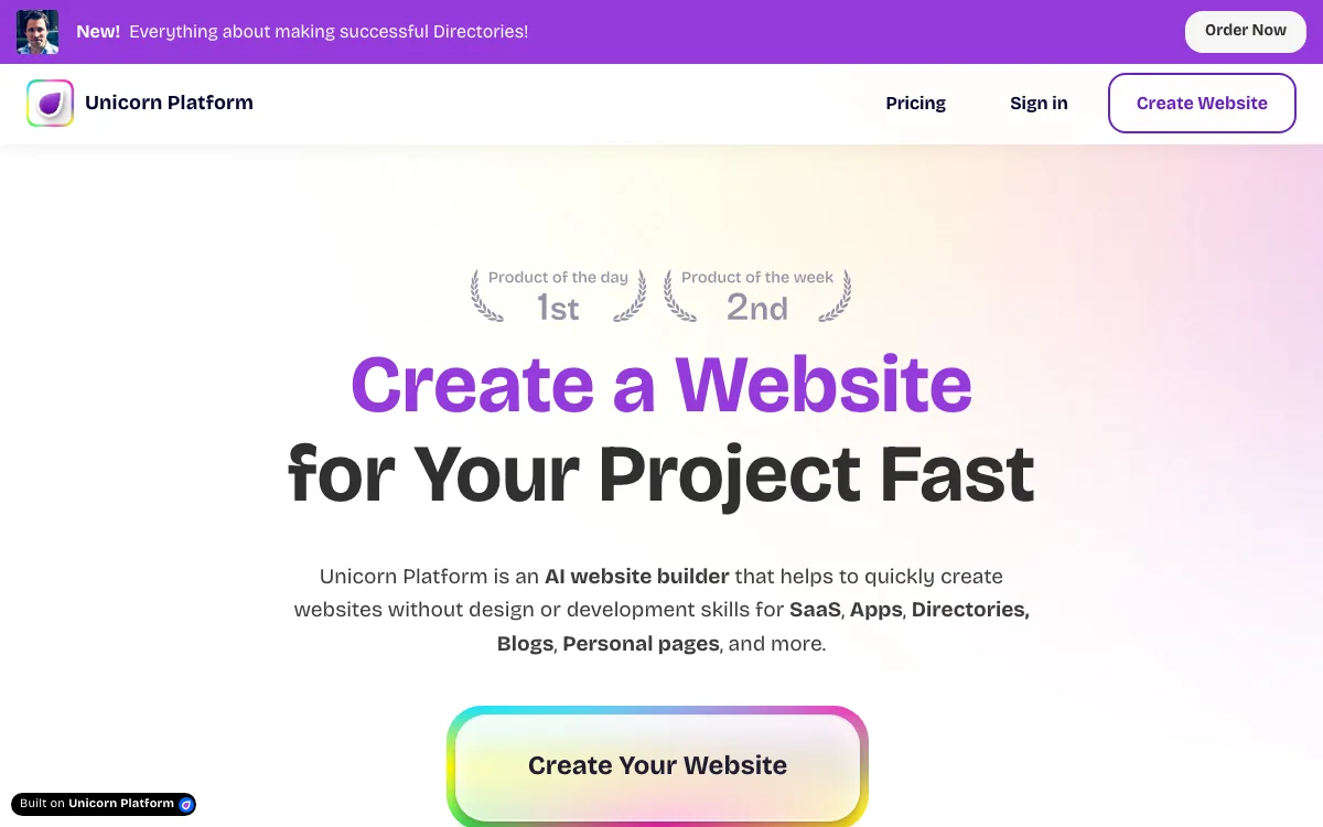 Unicorn Platform homepage screenshot