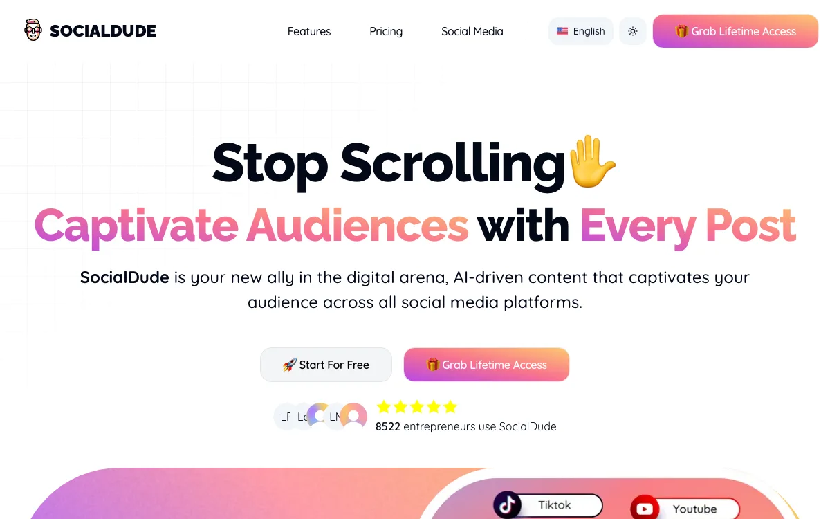 SocialDude homepage screenshot
