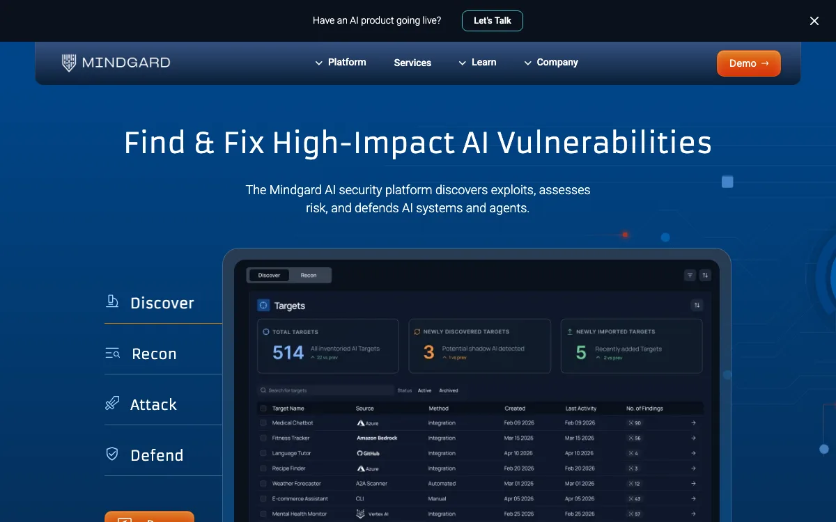 Mindgard homepage screenshot