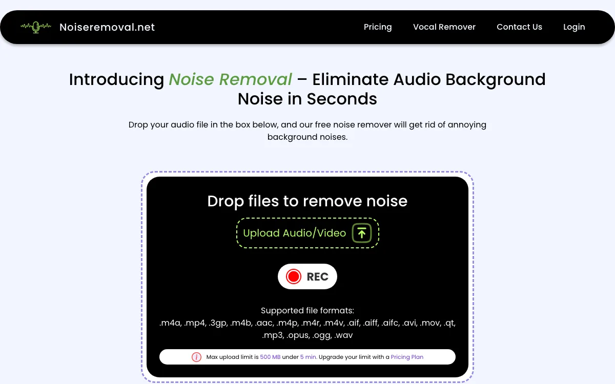 Noiseremoval.net homepage screenshot