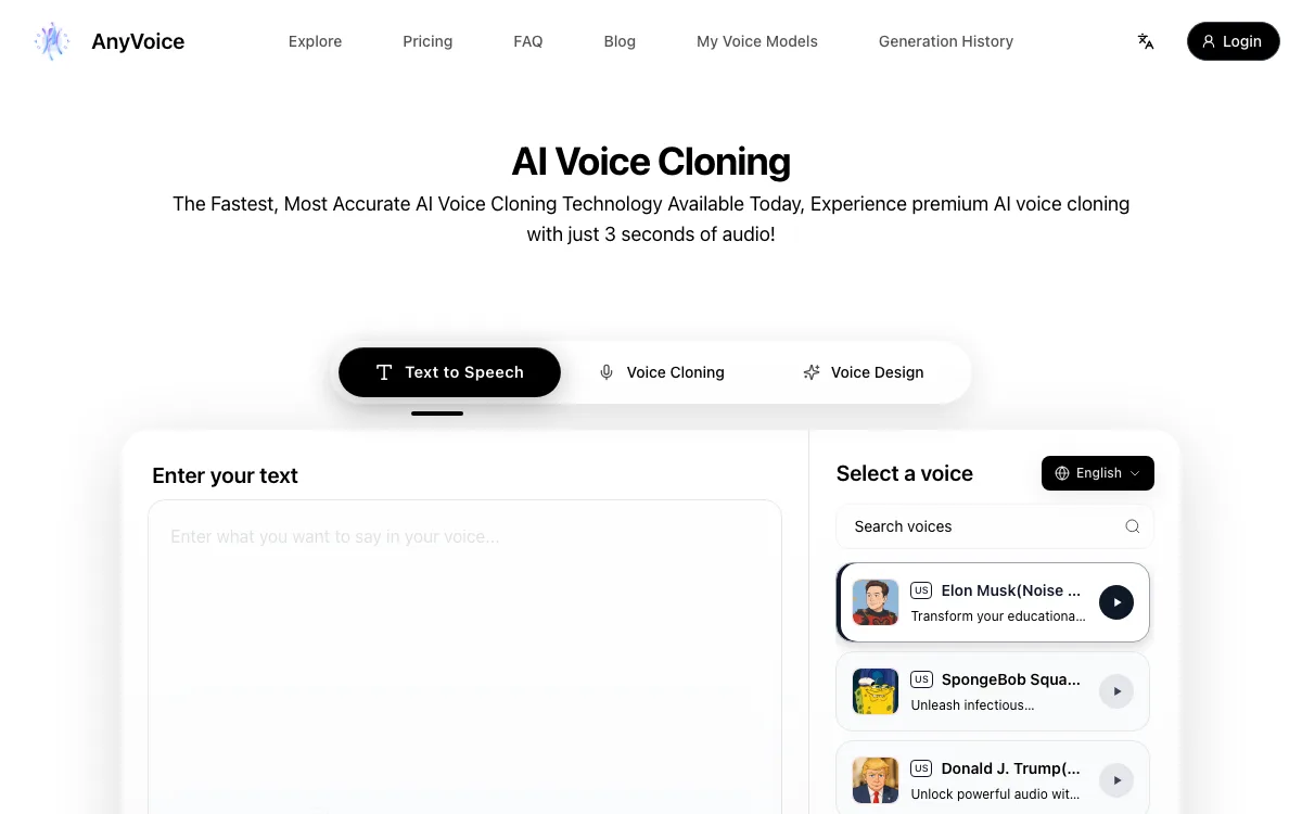 AI Voice Cloning - AnyVoice homepage screenshot
