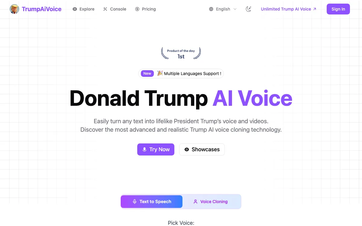Trump AI Voice homepage screenshot