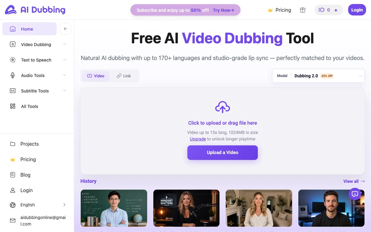 AI Dubbing.io homepage screenshot