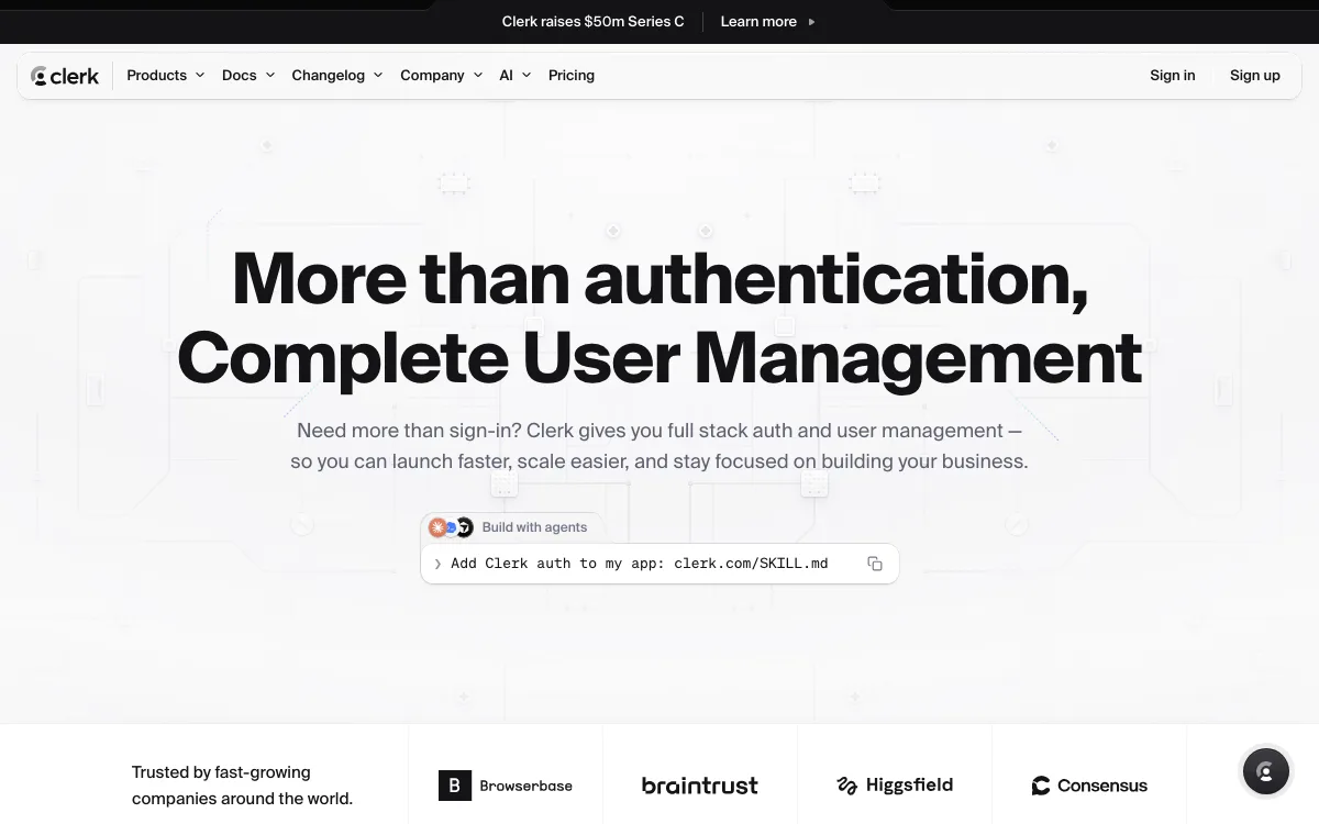 Clerk homepage screenshot