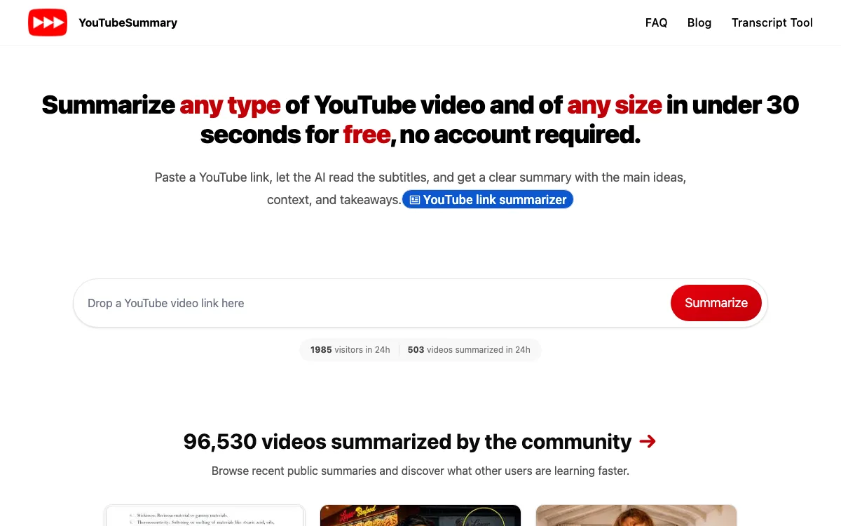 YouTube Summary homepage screenshot