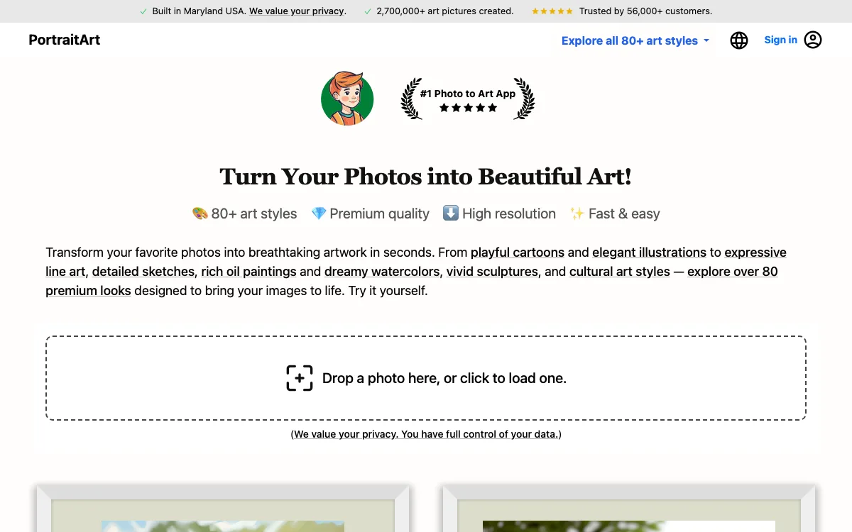 PortraitArt homepage screenshot