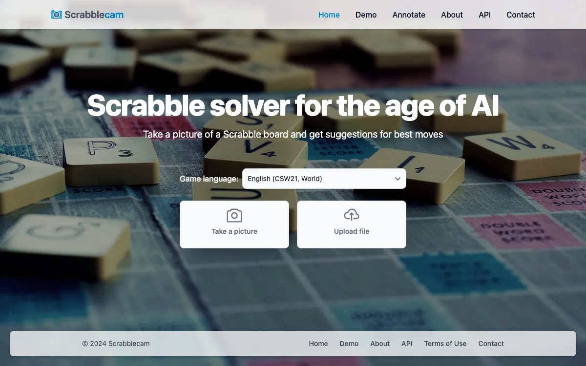 Scrabblecam homepage screenshot
