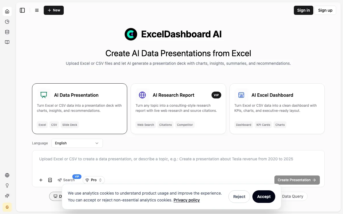 ExcelDashboard AI homepage screenshot