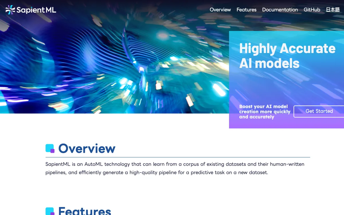 SapientML homepage screenshot