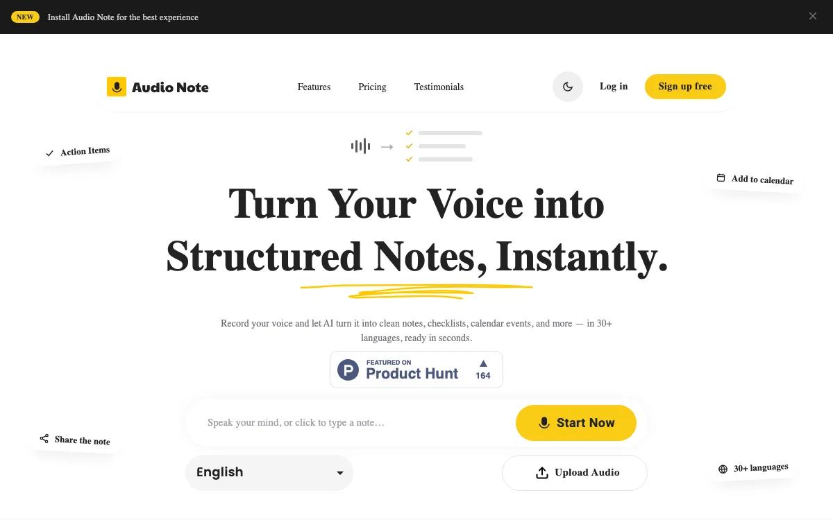AudioNotesAI homepage screenshot