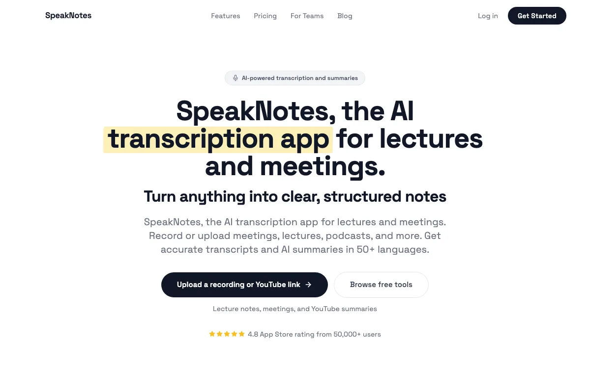 SpeakNotes homepage screenshot