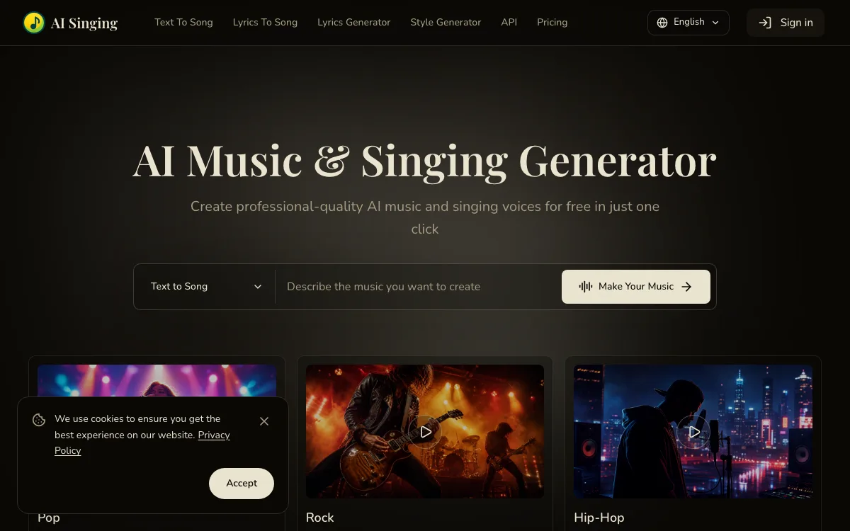 AI Singing homepage screenshot