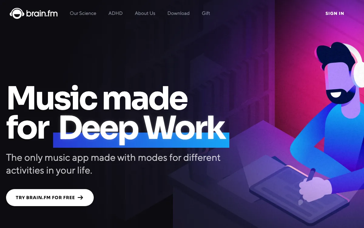 Brain.fm homepage screenshot