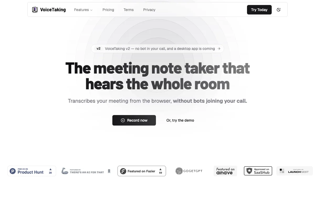 VoiceTaking homepage screenshot