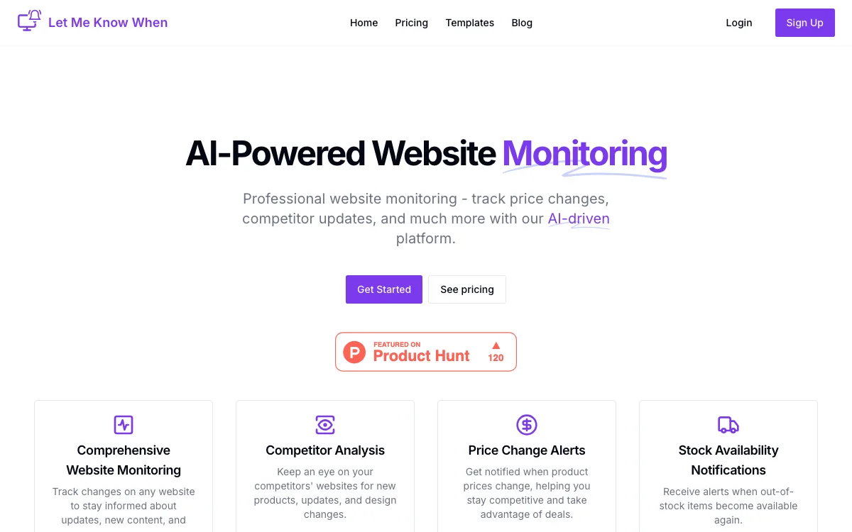 Let Me Know When homepage screenshot